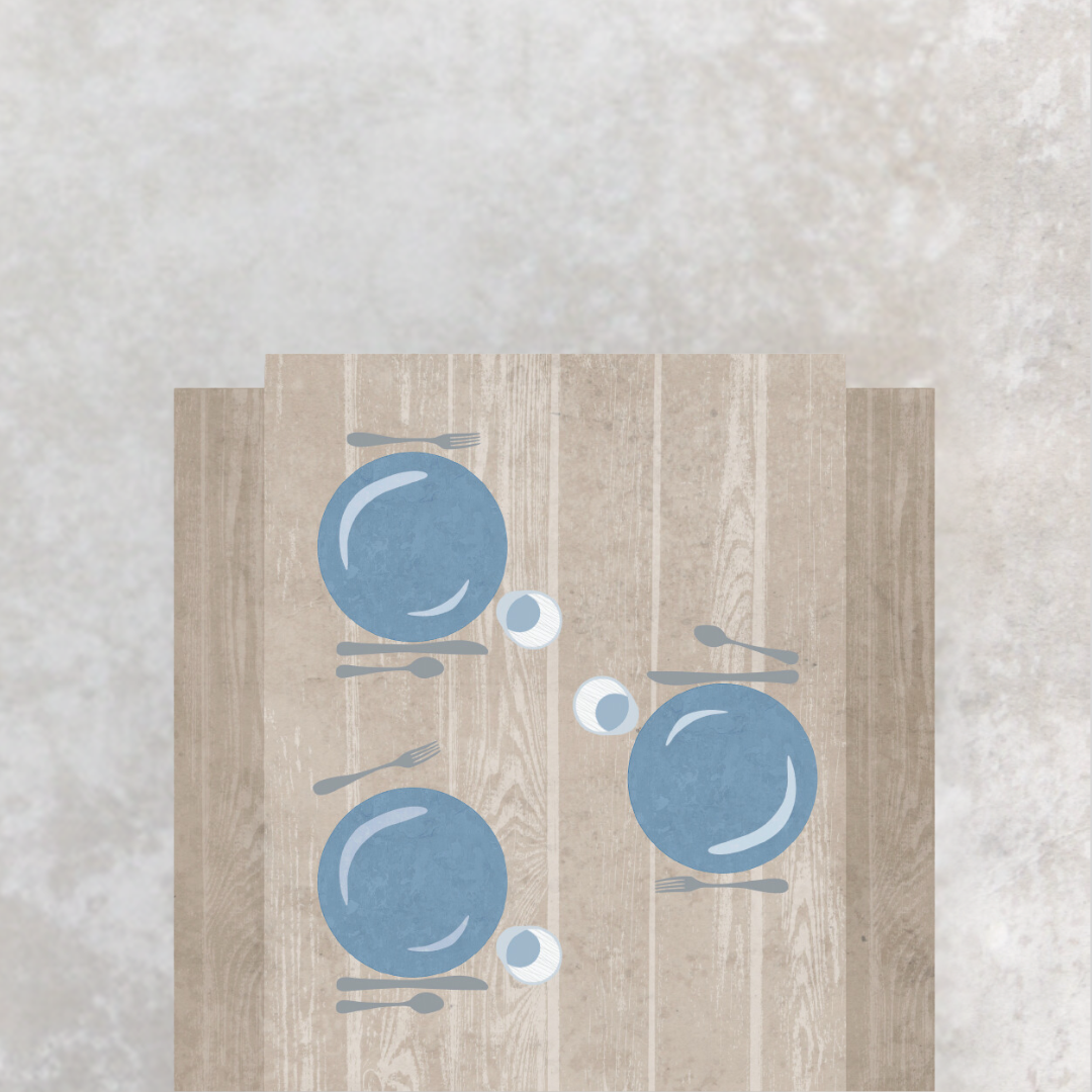 Wooden surface with blue plate designs on a textured light gray background
