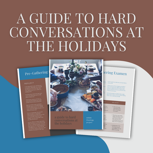 Booklet titled 'A Guide to Hard Conversations at the Holidays' on a brown and blue background below are three screenshots of images from the workbook