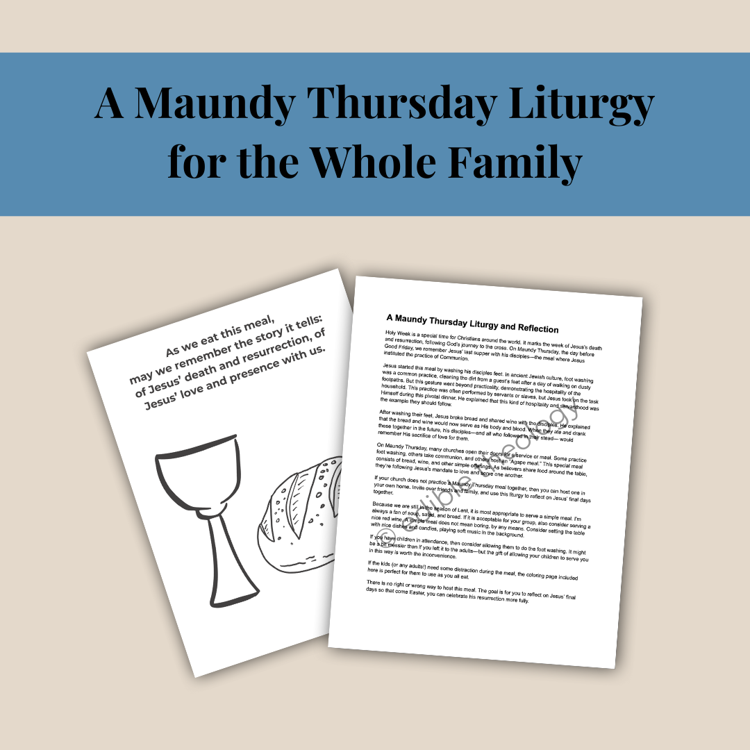 Two printed pages with religious symbols and text on a beige background, title reads "maundy thursday liturgy for the whole family"