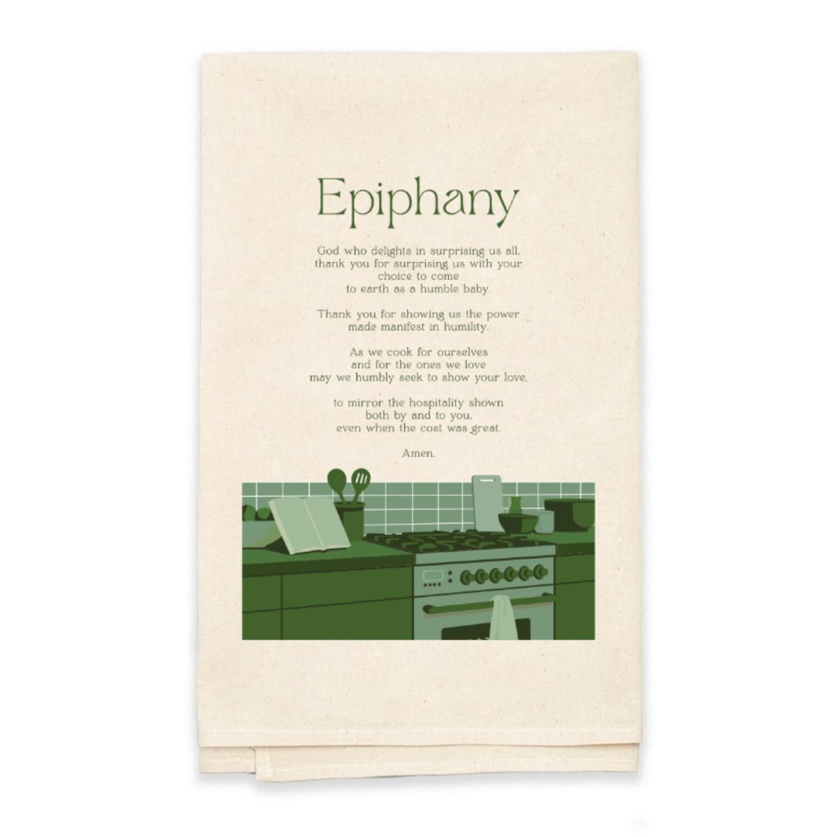 Tea towel titled 'Epiphany' with text and illustration on a white background