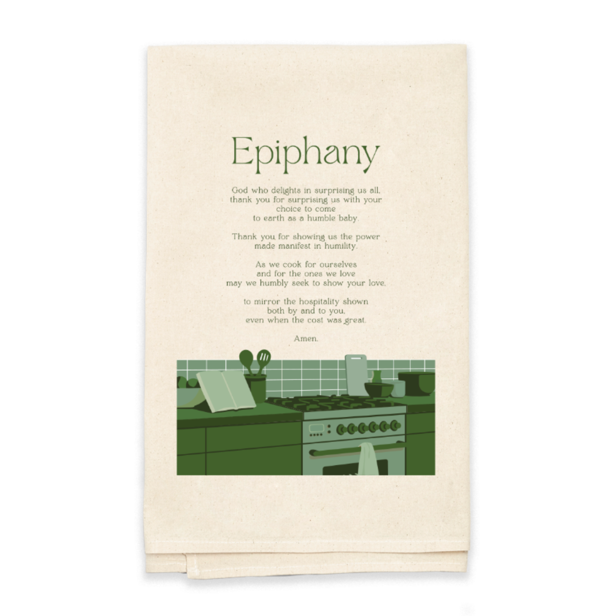 towel titled 'Epiphany' with text and illustration on a white background