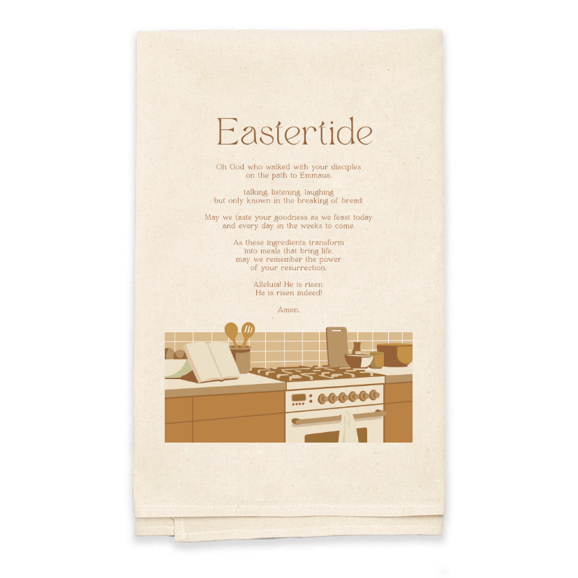 Kitchen-themed tea towel with a printed design and text on a white background