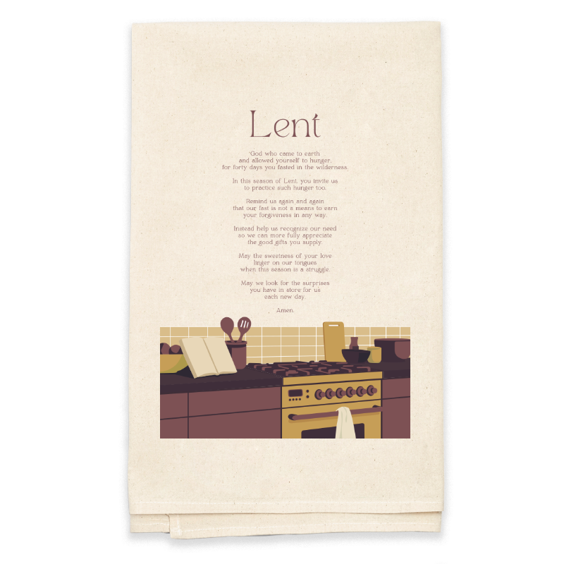 Kitchen-themed tea towel with a printed design on a white background