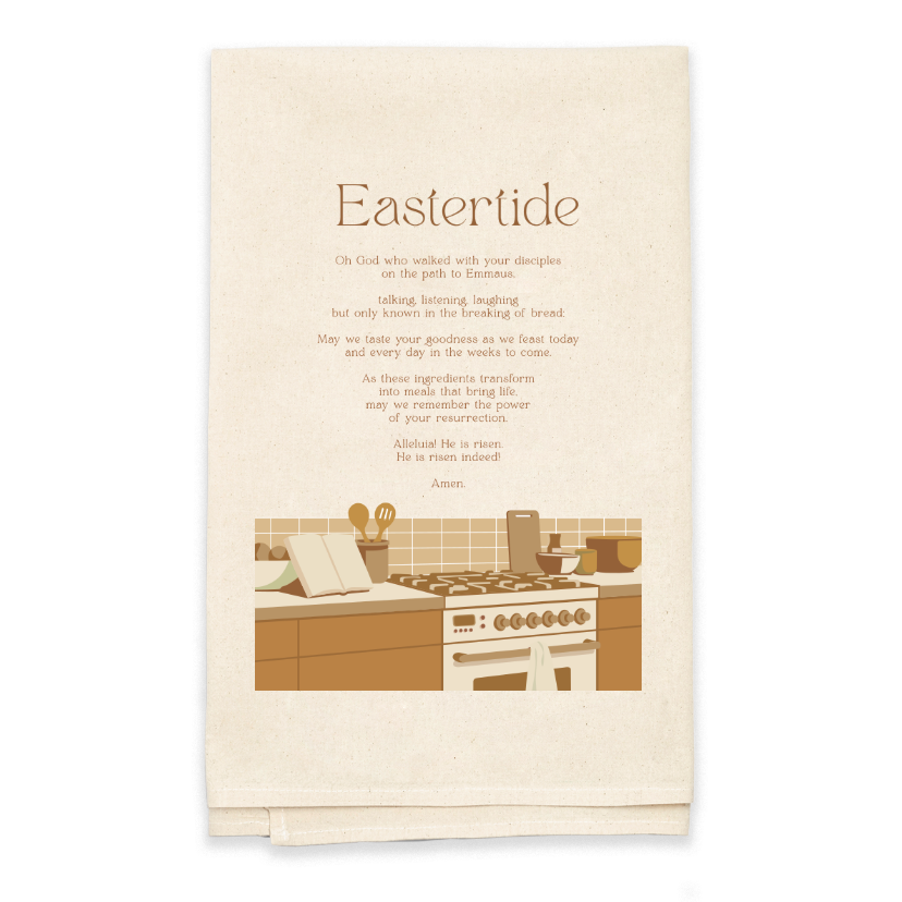 Kitchen-themed tea towel with a printed design and text on a white background