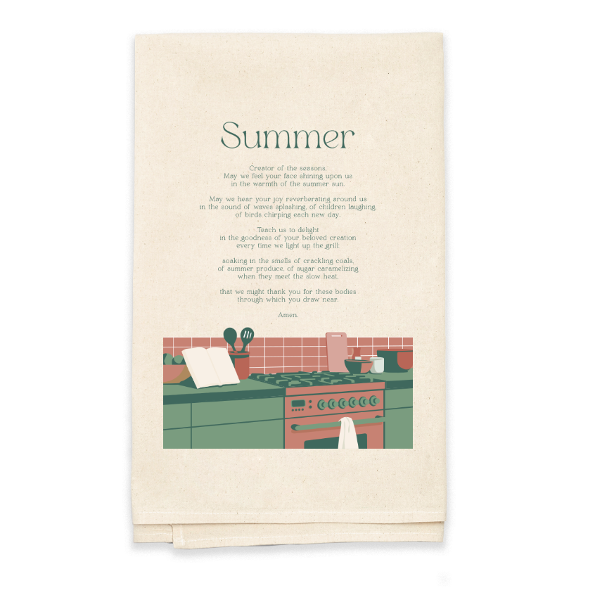 Kitchen-themed tea towel with a design of a kitchen and text on a white background