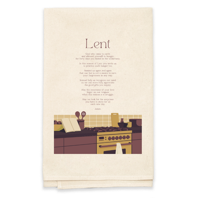 Kitchen-themed tea towel with a printed design on a white background