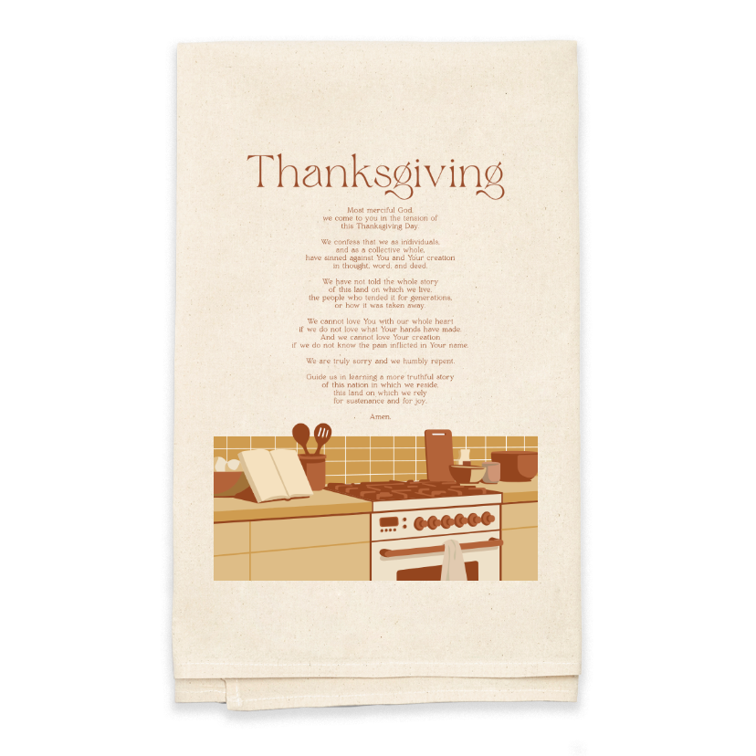 Beige towel with 'Thanksgiving' text and kitchen illustration on a white background