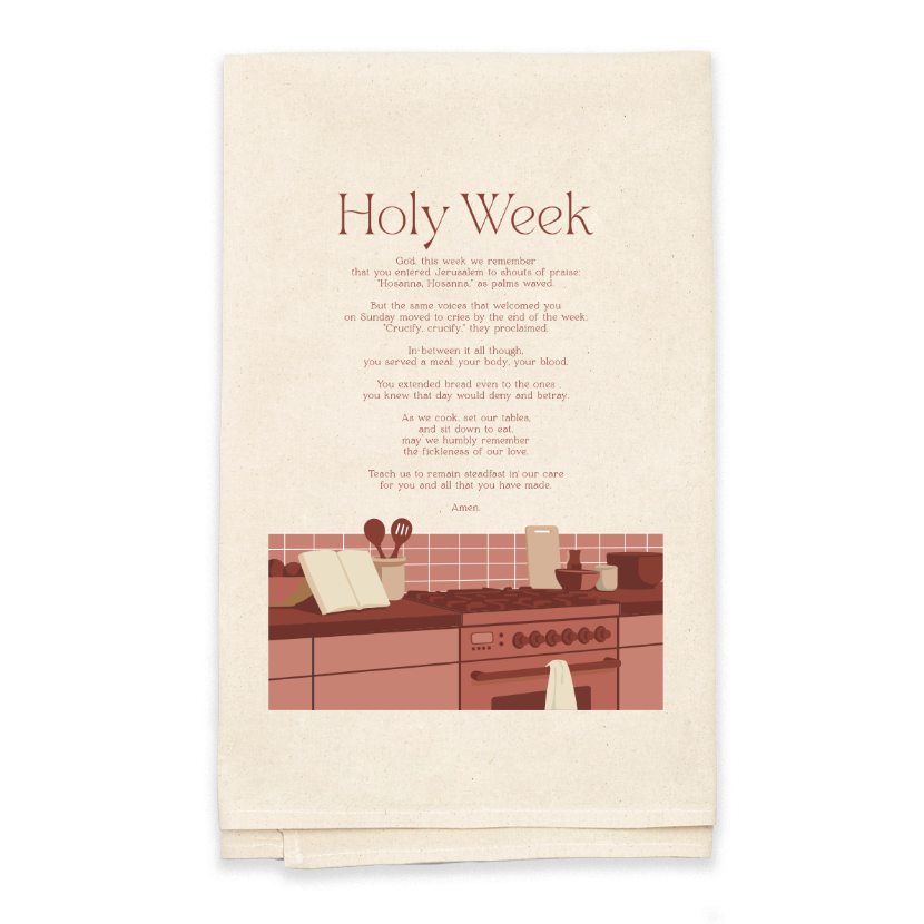 Kitchen-themed towel with 'Holy Week' text and illustration of a kitchen.