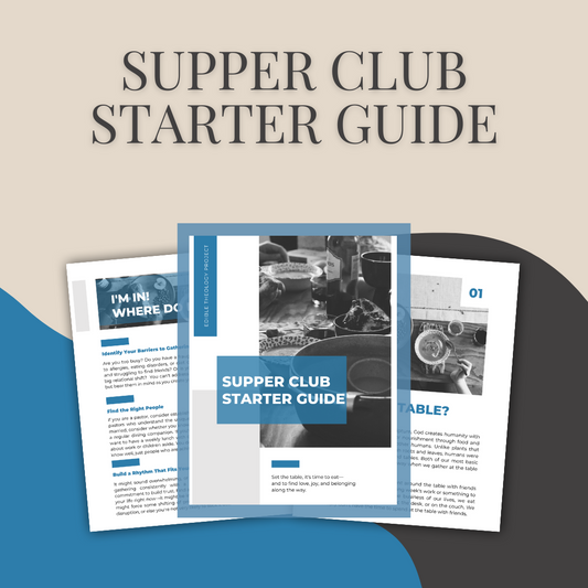 Supper Club Starter Guide with a blue border on a beige background, below are three screenshots of images from the workbook