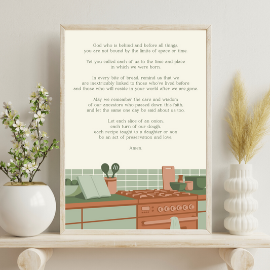Framed poem on a shelf with decorative items