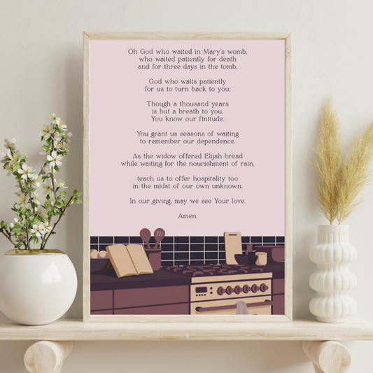Framed print of a poem on a kitchen wall with decorative elements.
