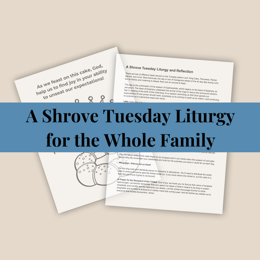 Shrove Tuesday liturgy sheets on a beige background with text overlay.