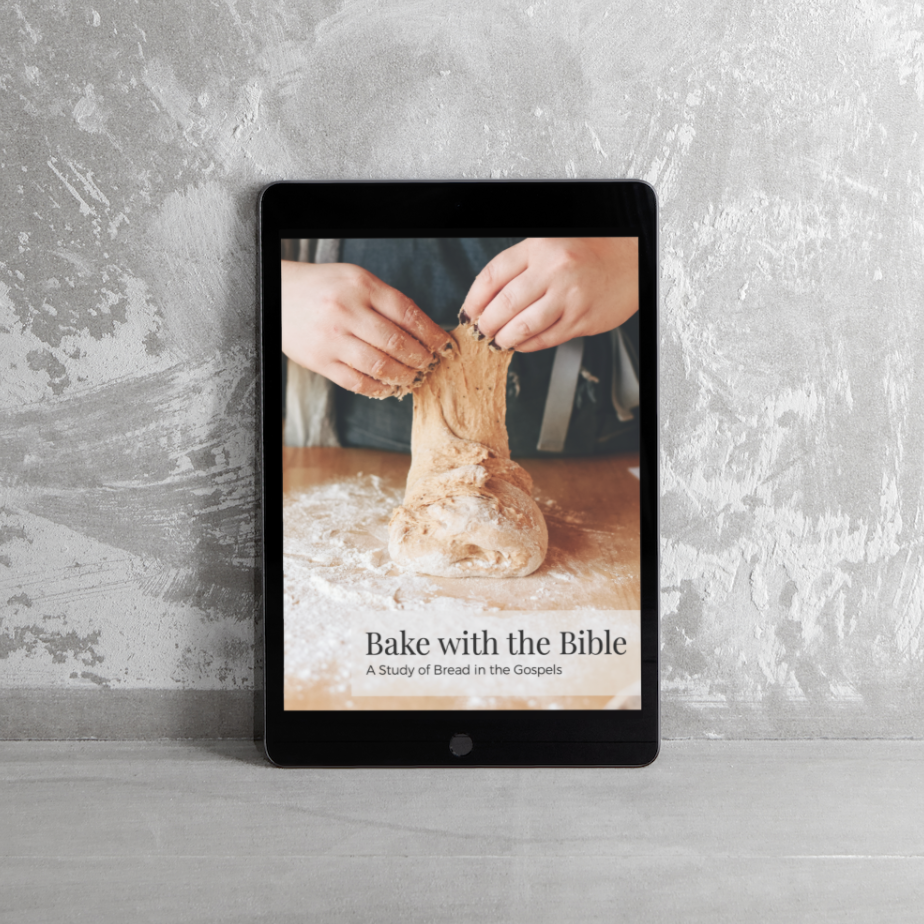 Tablet displaying a recipe for 'Bake with the Bible' on a textured surface