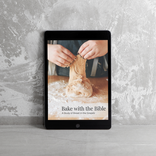 Tablet displaying a recipe for 'Bake with the Bible' on a textured surface