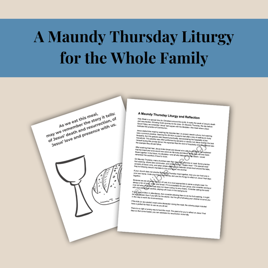 Two printed pages with religious symbols and text on a beige background, title reads "maundy thursday liturgy for the whole family"