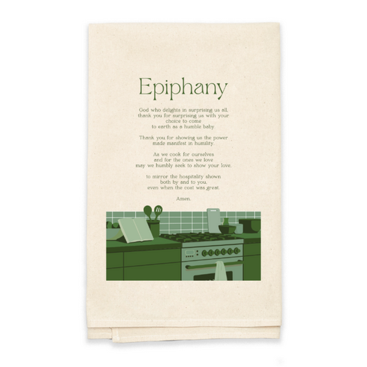 Tea towel titled 'Epiphany' with text and illustration on a white background