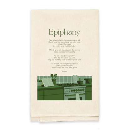 towel titled 'Epiphany' with text and illustration on a white background
