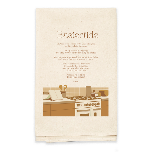 Kitchen-themed tea towel with a printed design and text on a white background