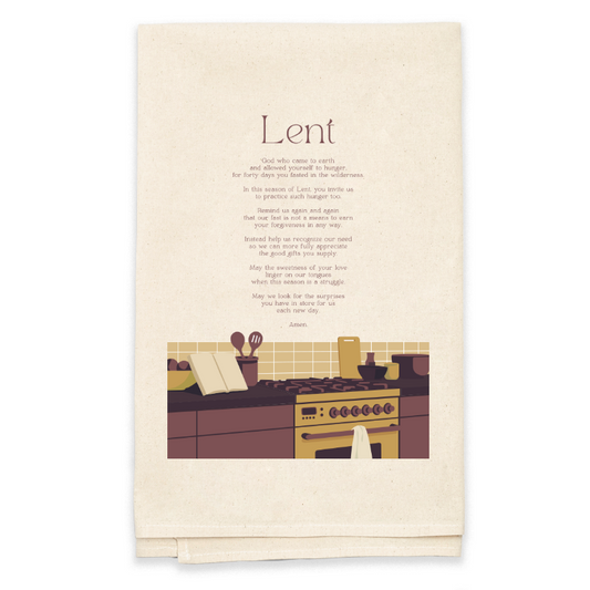 Kitchen-themed tea towel with a printed design on a white background