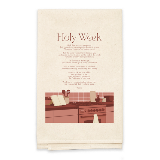 Kitchen-themed towel with 'Holy Week' text and illustration of a kitchen.