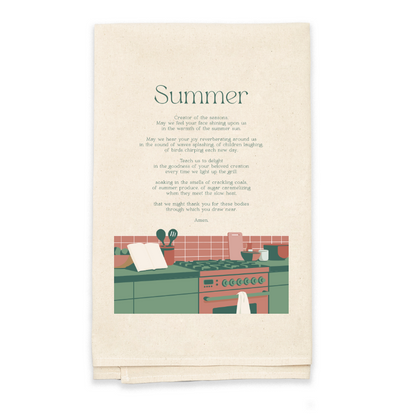 Kitchen-themed tea towel with a design of a kitchen and text on a white background