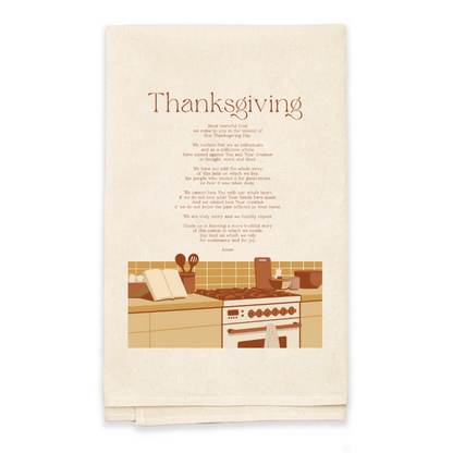 Beige towel with 'Thanksgiving' text and kitchen illustration on a white background